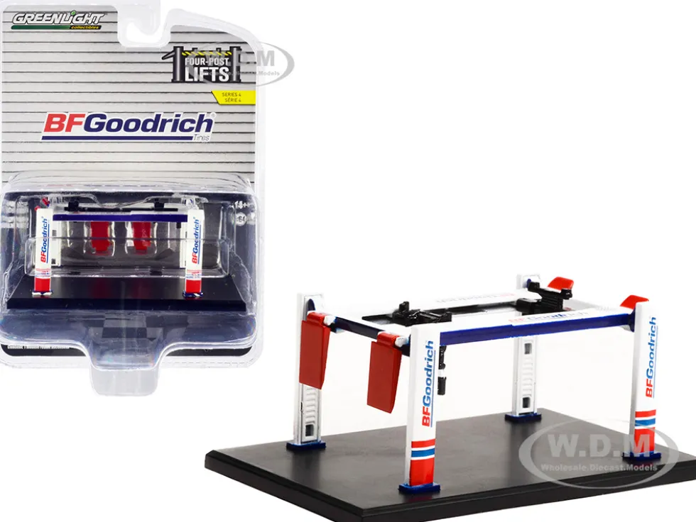 Adjustable Four-Post Lift BFGoodrich White Red Four-Post Lifts Four-Post Lifts Series 4 1/64 Diecast Model Greenlight 16150B