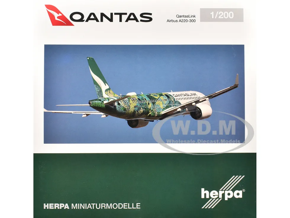 Airbus A220-300 Commercial Aircraft "QantasLink Flying Art Series - Minyma Kutjara Tjukurpa" (VH-X4A) White with Green Graphics 1/200 Diecast Model Airplane by Herpa