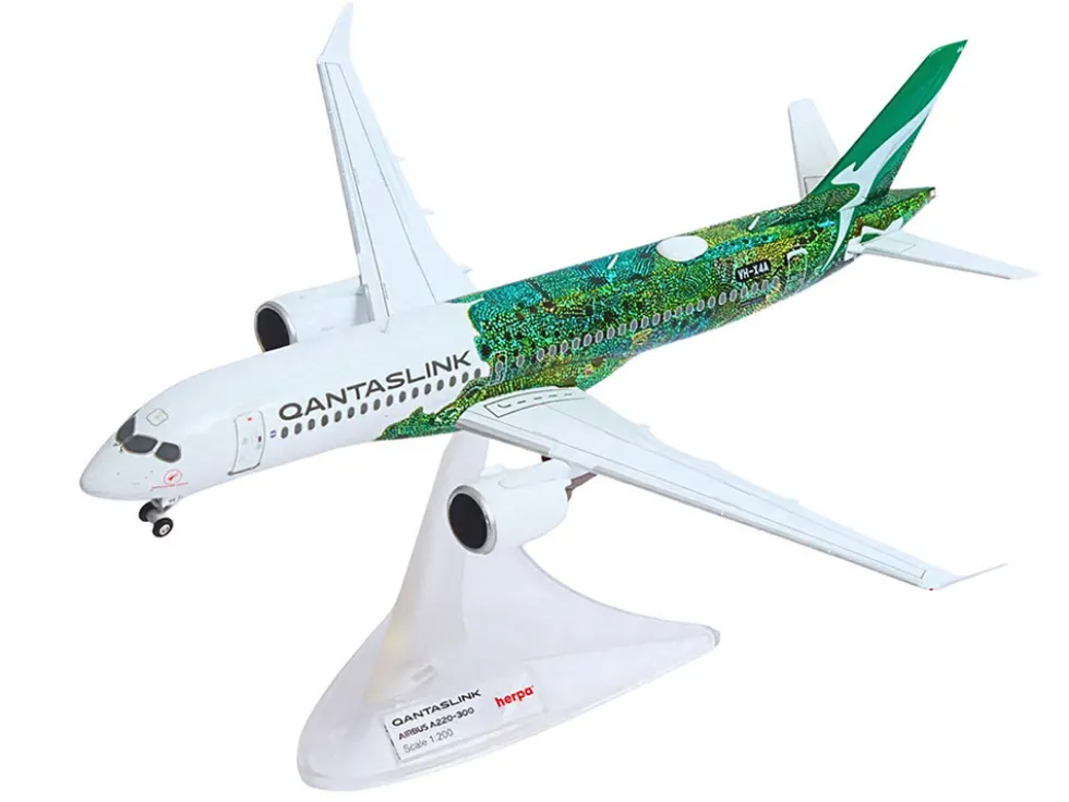 Airbus A220-300 Commercial Aircraft "QantasLink Flying Art Series - Minyma Kutjara Tjukurpa" (VH-X4A) White with Green Graphics 1/200 Diecast Model Airplane by Herpa