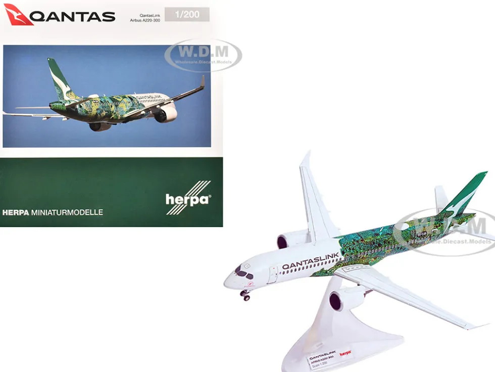 Airbus A220-300 Commercial Aircraft "QantasLink Flying Art Series - Minyma Kutjara Tjukurpa" (VH-X4A) White with Green Graphics 1/200 Diecast Model Airplane by Herpa