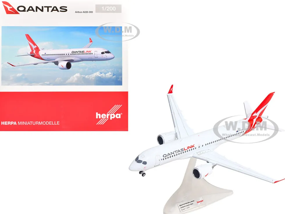 Airbus A220-300 Commercial Aircraft "QantasLink" (VH-X4B) White with Red Tail 1/200 Diecast Model Airplane by Herpa