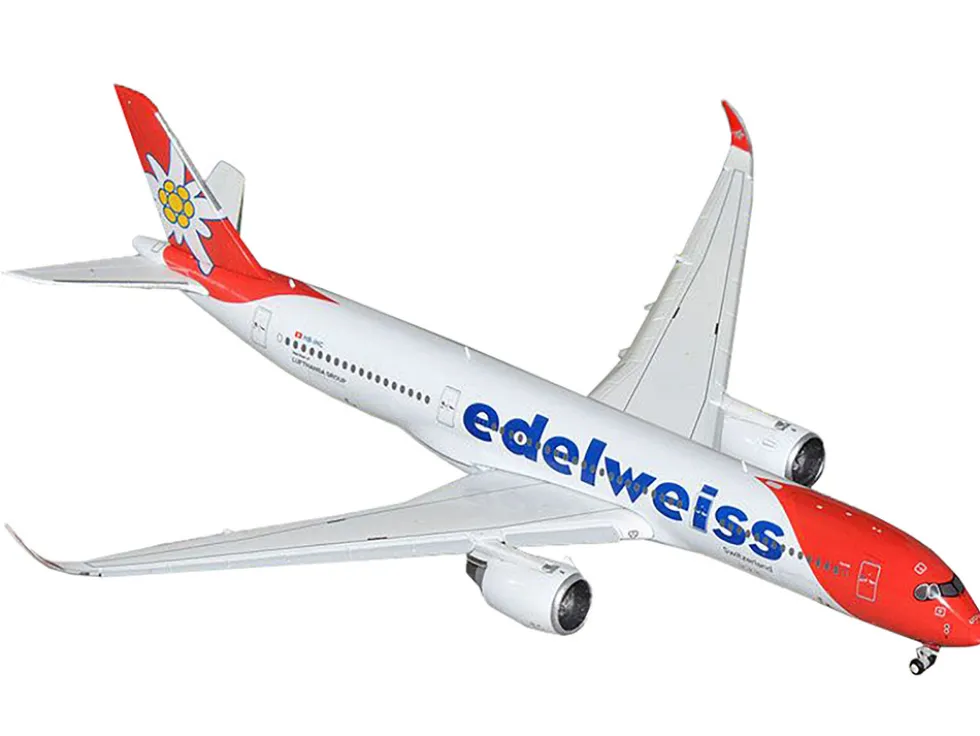 Airbus A350-900 Commercial Aircraft with Flaps Down Configuration "Edelweiss Air" (HB-IHC) White with Red Tail 1/400 Diecast Model Airplane by GeminiJets