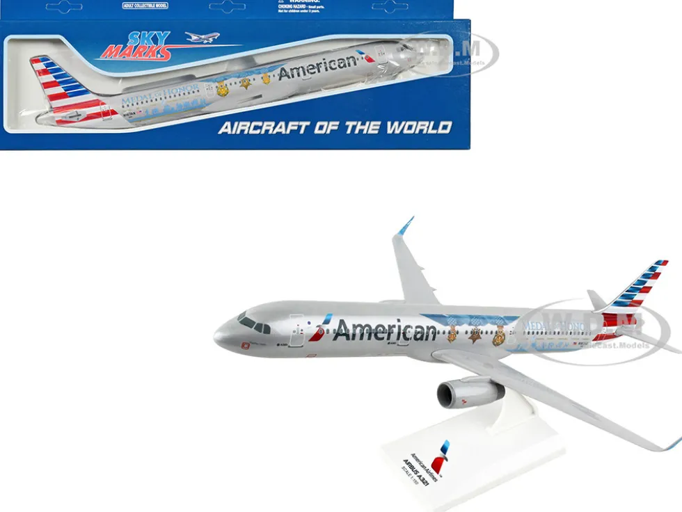 Airbus A321 Commercial Aircraft "American Airlines - Medal of Honor" (N167AN) Gray with Red and Blue Tail (Snap-Fit) 1/150 Plastic Model by Skymarks