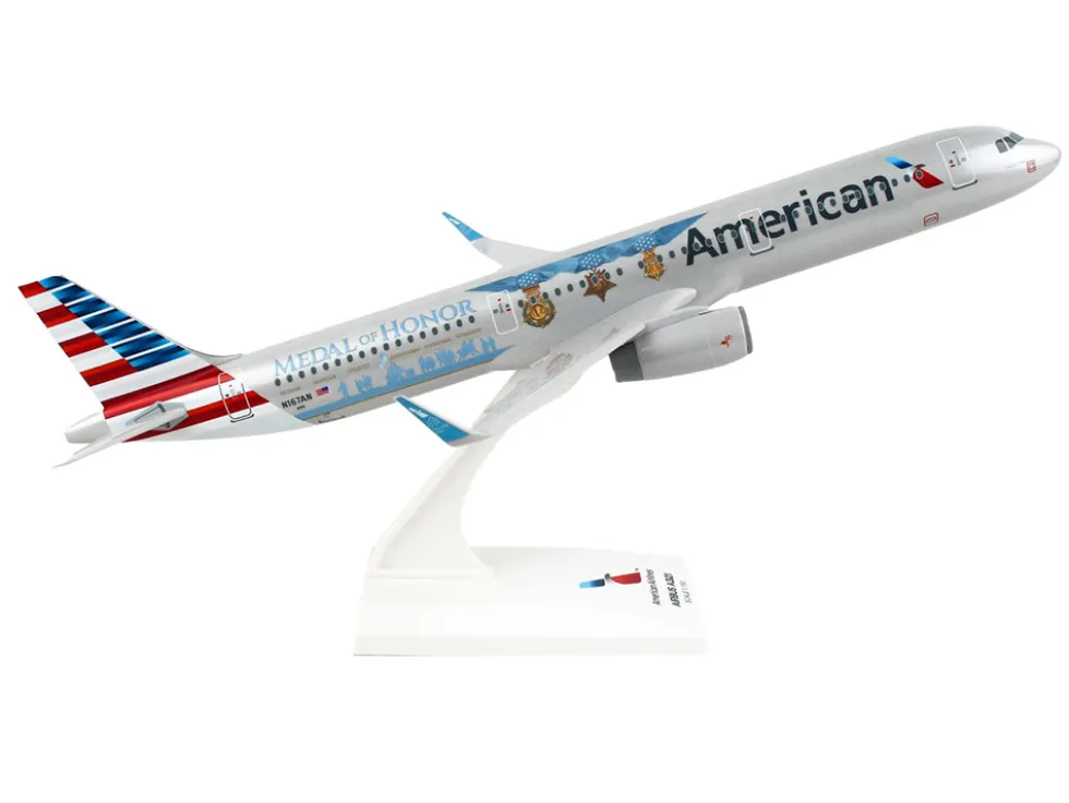 Airbus A321 Commercial Aircraft "American Airlines - Medal of Honor" (N167AN) Gray with Red and Blue Tail (Snap-Fit) 1/150 Plastic Model by Skymarks