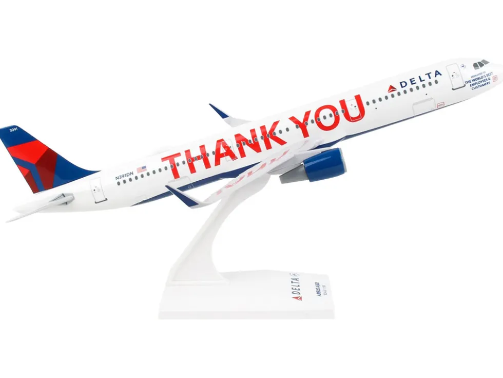 Airbus A321 Commercial Aircraft "Delta Air Lines - Thank You" (N391DN) White with Red and Blue Tail (Snap-Fit) 1/150 Plastic Model by Skymarks