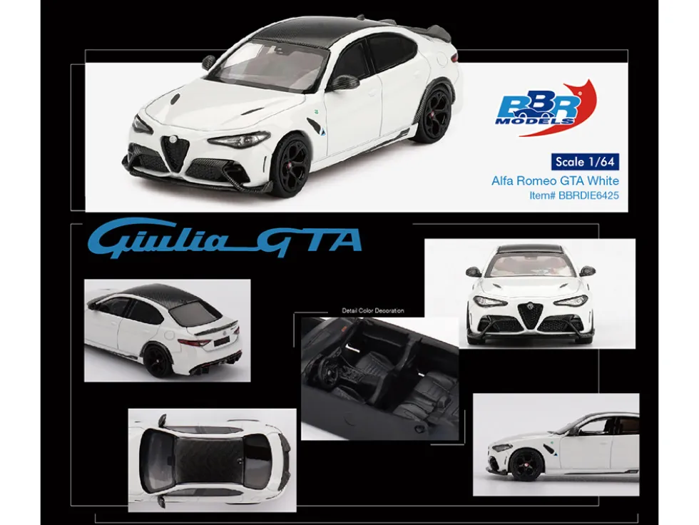 Alfa Romeo Giulia GTA White with Carbon Top 1/64 Diecast Model Car by BBR