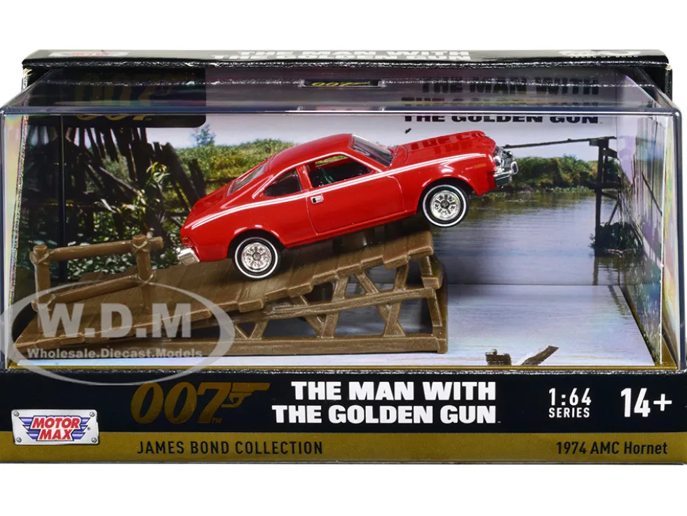1974 AMC Hornet Red with White Stripes James Bond 007 The Man with the Golden Gun 1974 Movie with Display 1/64 Diecast Model Car Motormax 79822