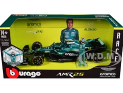 Aston Martin AMR25 #14 Fernando Alonso "Aramco" Formula One F1 "World Championship" (2025) with Driver Figure 1/24 Diecast Model Car by Bburago