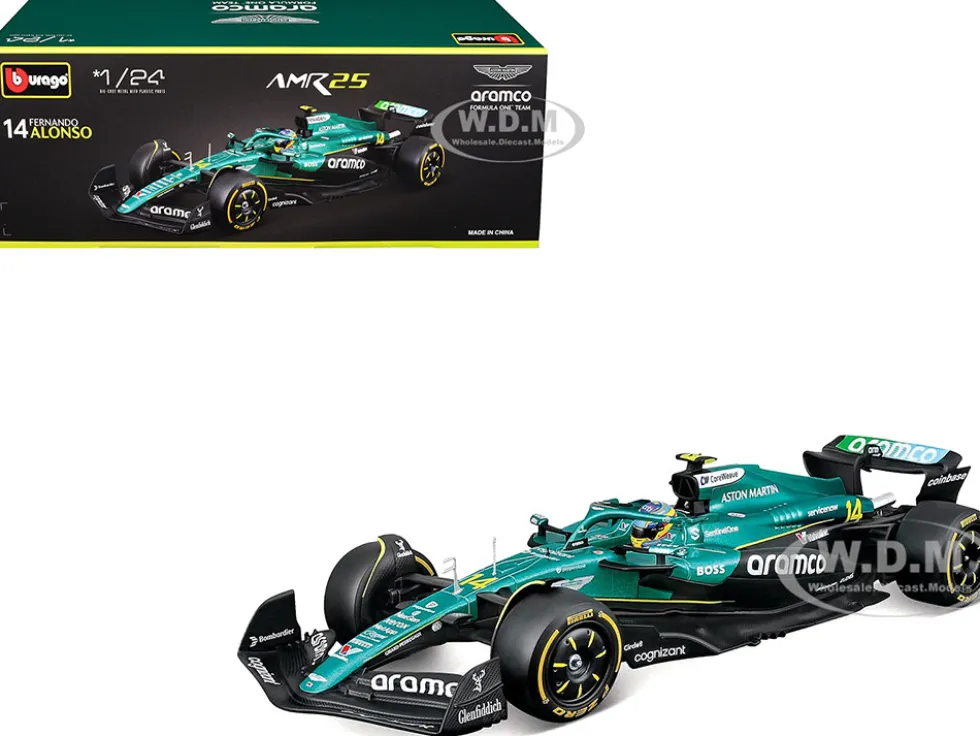 Aston Martin AMR25 #14 Fernando Alonso "Aramco" Formula One F1 "World Championship" (2025) 1/24 Diecast Model Car by Bburago