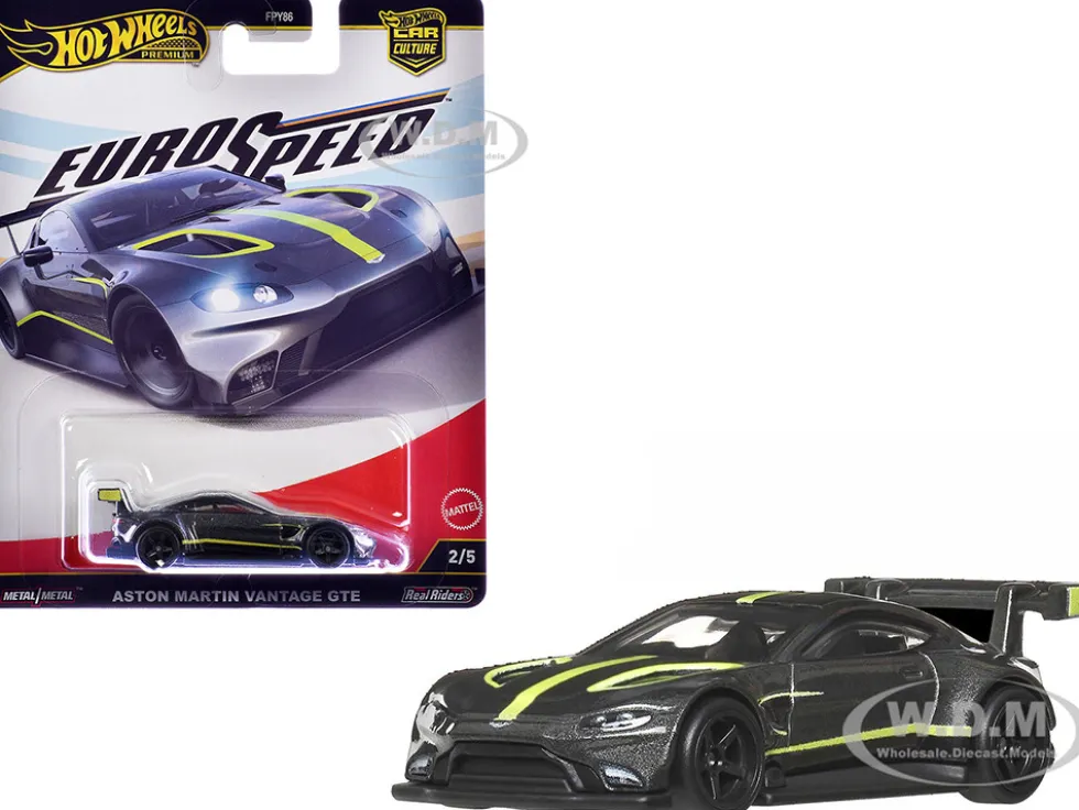 Aston Martin Vantage GTE Dark Gray Metallic with Lime Green Stripes "Euro Speed" Series Diecast Model Car by Hot Wheels