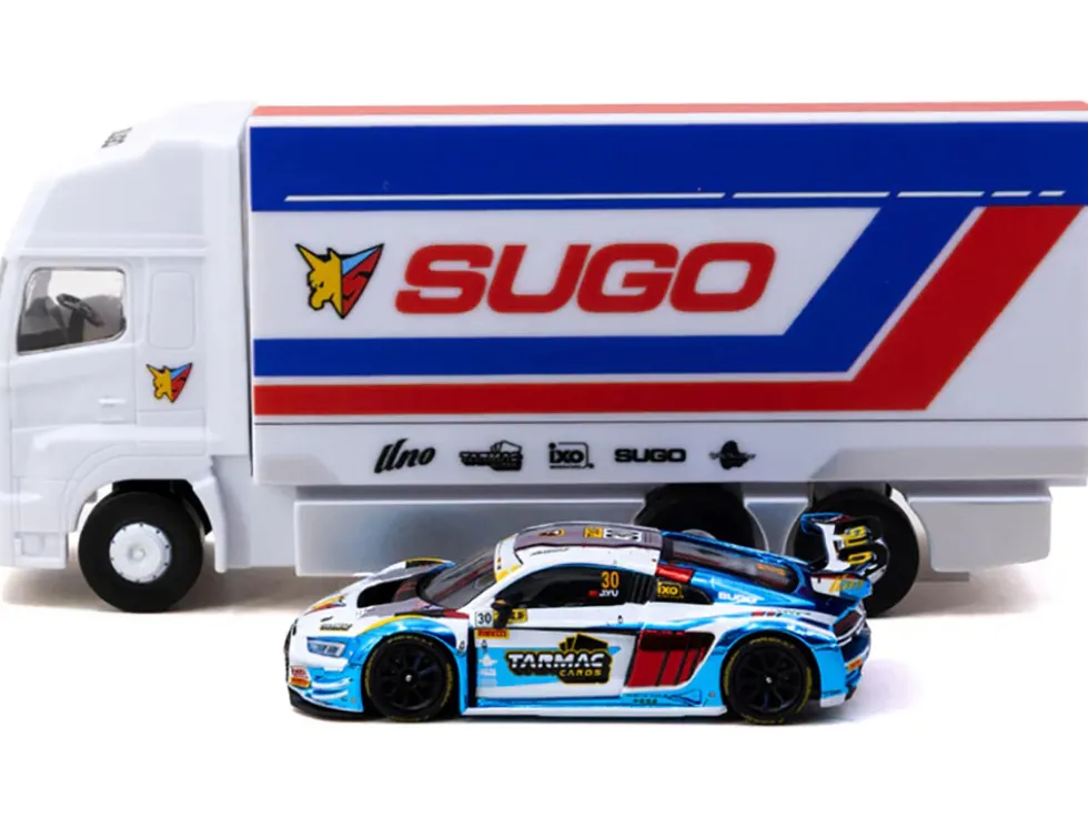 Audi R8 LMS GT3 evo II #30 James Yu "Uno Racing Team" "Macau GT Cup - FIA GT World Cup" (2024) with Plastic Transporter Packaging and Collectible Tarmac Cards "Hobby64" Series 1/64 Diecast Model Car by Tarmac Works