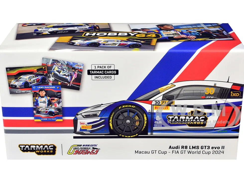 Audi R8 LMS GT3 evo II #30 James Yu "Uno Racing Team" "Macau GT Cup - FIA GT World Cup" (2024) with Plastic Transporter Packaging and Collectible Tarmac Cards "Hobby64" Series 1/64 Diecast Model Car by Tarmac Works
