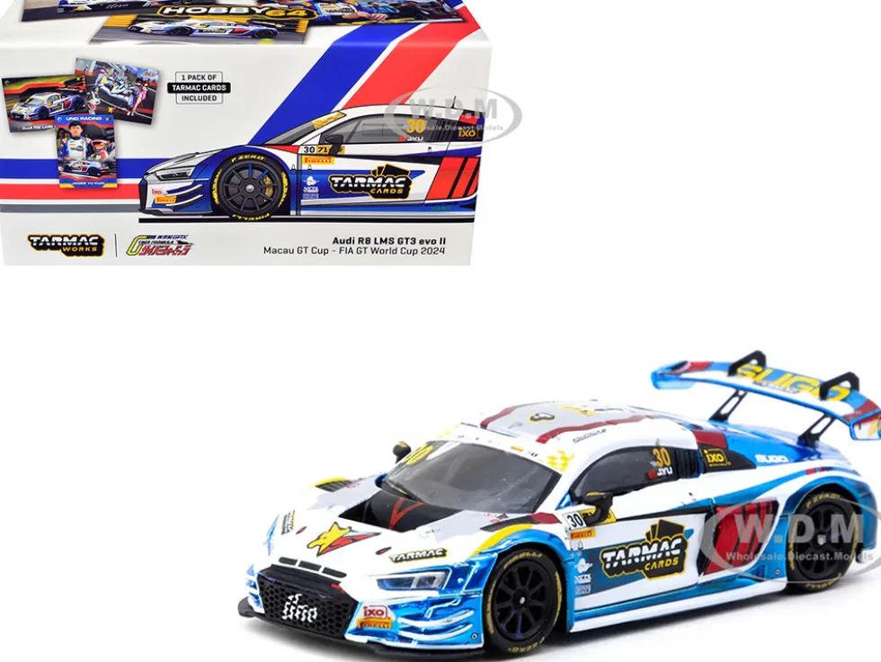 Audi R8 LMS GT3 evo II #30 James Yu "Uno Racing Team" "Macau GT Cup - FIA GT World Cup" (2024) with Plastic Transporter Packaging and Collectible Tarmac Cards "Hobby64" Series 1/64 Diecast Model Car by Tarmac Works