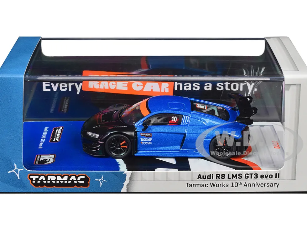 Audi R8 LMS GT3 evo II #10 "Tarmac Works 10th Anniversary" Blue Metallic and Matt Black "Hobby64" Series 1/64 Diecast Model Car by Tarmac Works