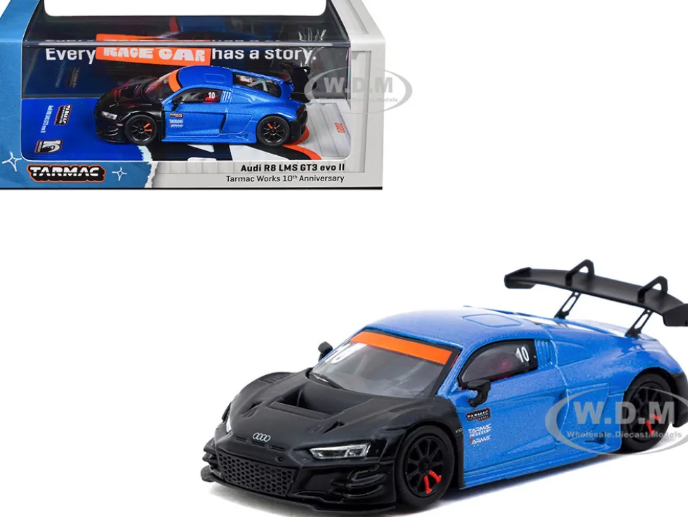 Audi R8 LMS GT3 evo II #10 "Tarmac Works 10th Anniversary" Blue Metallic and Matt Black "Hobby64" Series 1/64 Diecast Model Car by Tarmac Works
