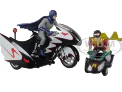 1966 Batcycle Elite Edition and Side Car with Batman and Robin Figures 1/12 Diecast Model Hot Wheels CMC85