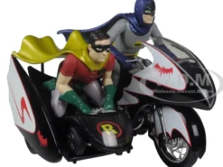 1966 Batcycle Elite Edition and Side Car with Batman and Robin Figures 1/12 Diecast Model Hot Wheels CMC85