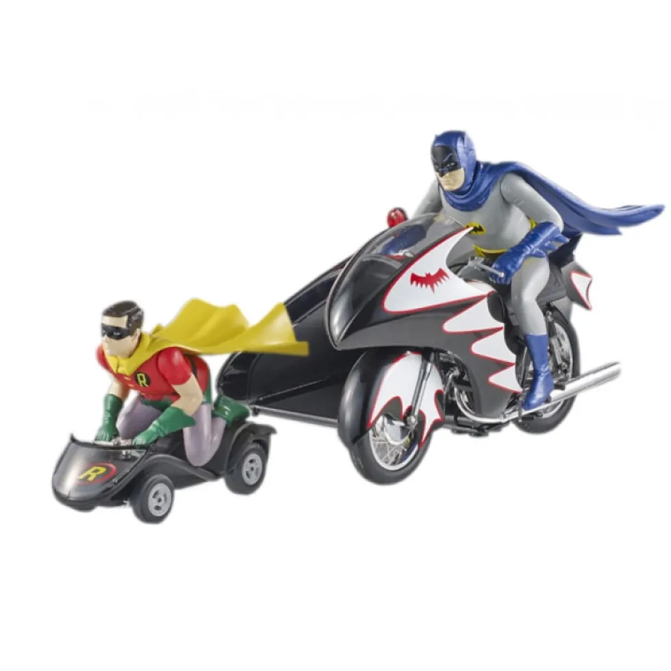 1966 Batcycle Elite Edition and Side Car with Batman and Robin Figures 1/12 Diecast Model Hot Wheels CMC85