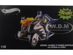 1966 Batcycle Elite Edition and Side Car with Batman and Robin Figures 1/12 Diecast Model Hot Wheels CMC85