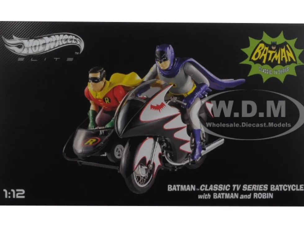 1966 Batcycle Elite Edition and Side Car with Batman and Robin Figures 1/12 Diecast Model Hot Wheels CMC85