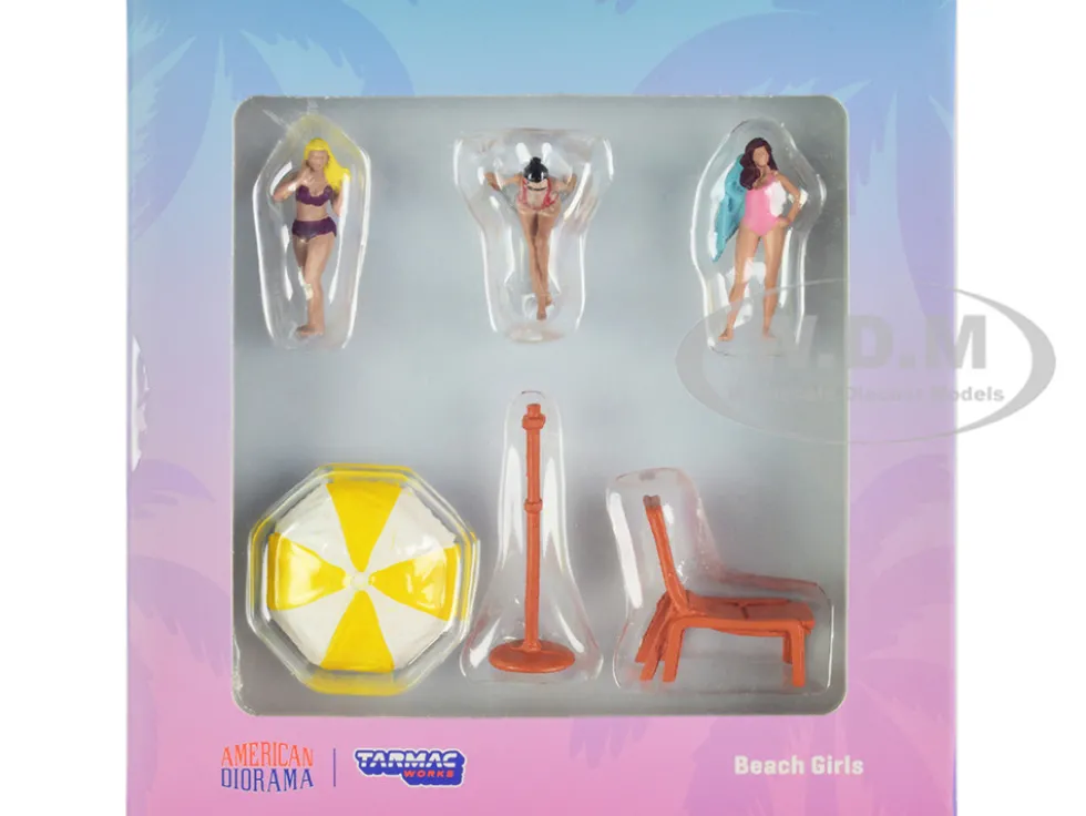 Beach Girls 5 piece Diecast Figure Set 3 Female Figures 2 Beach Accessories 1/64 Scale Models Tarmac Works American Diorama T64F-002-YL