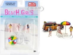 Beach Girls 5 piece Diecast Set 3 Figurines 1 Beach Chaise 1 Beach Umbrella 1/64 Scale Models American Diorama 76481