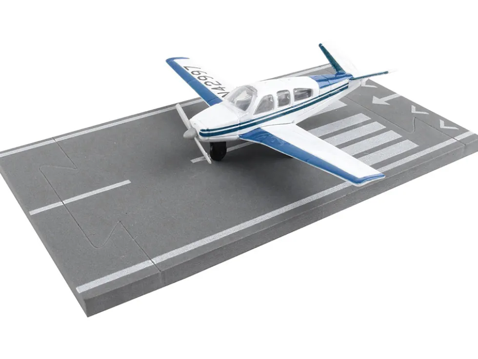 Beechcraft Bonanza Aircraft White with Blue Stripes N42997 with Runway Section Diecast Model Airplane Runway24 RW050