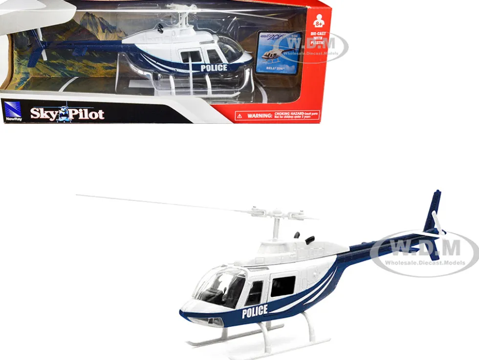 Bell 206 Helicopter Dark Blue and White Police Sky Pilot Series 1/34 Diecast Model New Ray 26073A