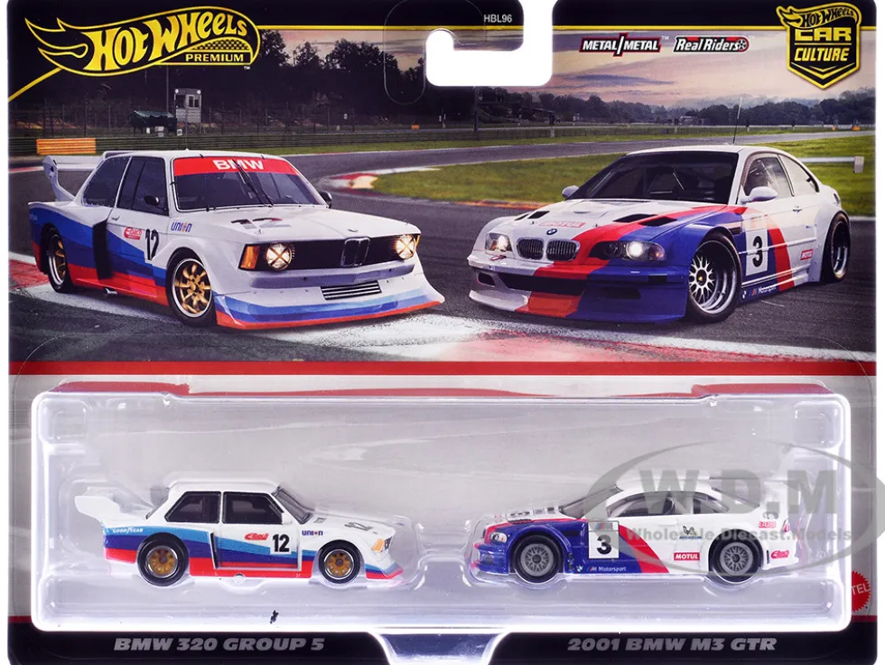 BMW 320 Group 5 #12 White with Stripes and 2001 BMW M3 GTR #3 White with Stripes "Car Culture" Set of 2 Cars Diecast Model Cars by Hot Wheels