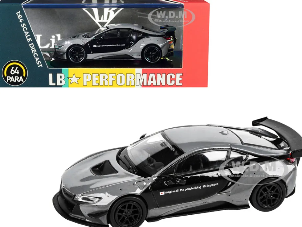 BMW i8 Liberty Walk Gray Black LB Performance Series 1/64 Diecast Model Car Paragon Models PA-55146