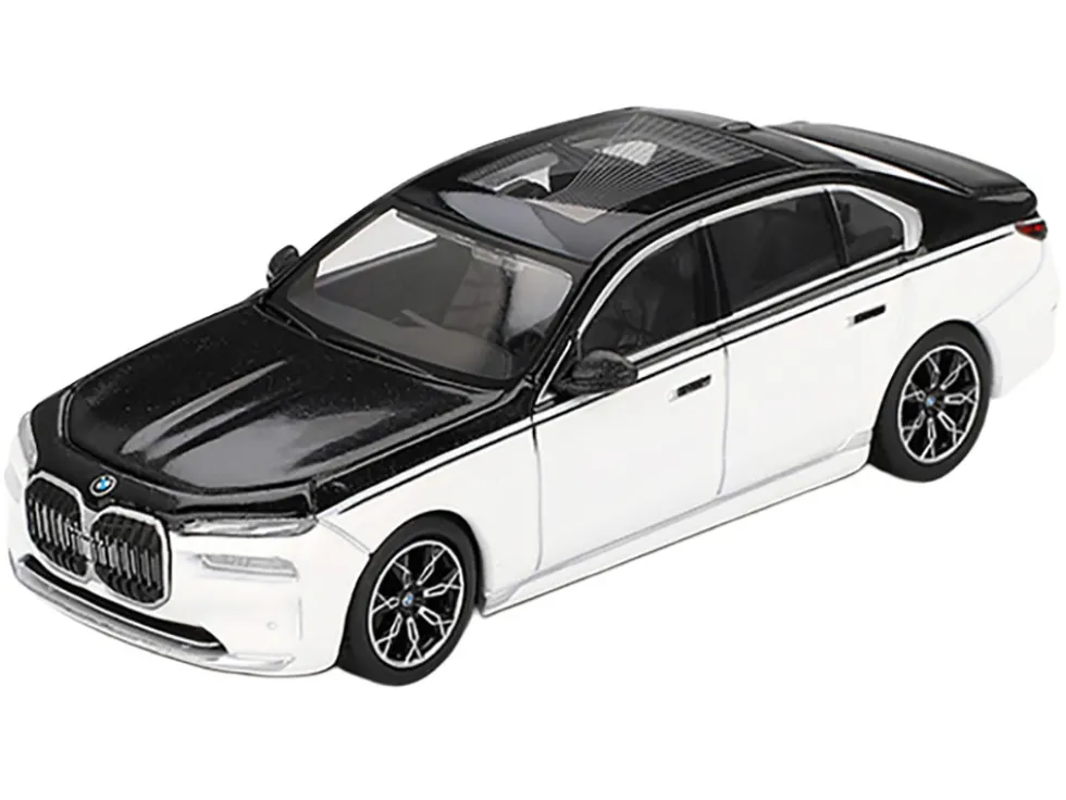 BMW i7 xDrive60 Dravit Alpine White and Black Sapphire Limited Edition 1/64 Diecast Model Car by Mini GT