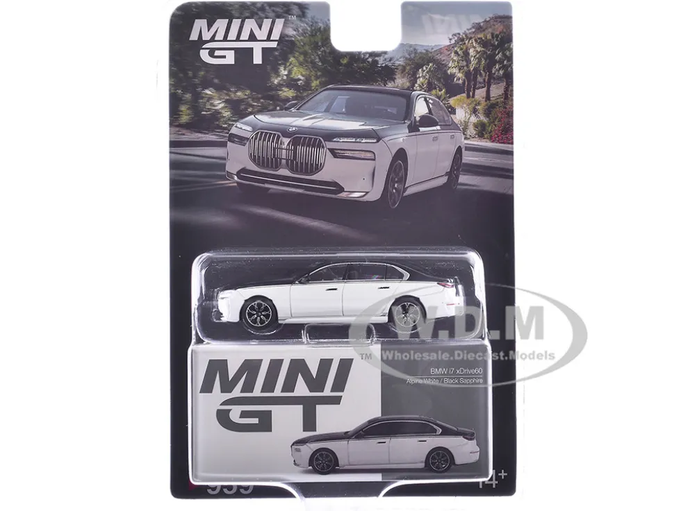 BMW i7 xDrive60 Dravit Alpine White and Black Sapphire Limited Edition 1/64 Diecast Model Car by Mini GT
