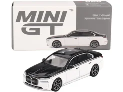 BMW i7 xDrive60 Dravit Alpine White and Black Sapphire Limited Edition 1/64 Diecast Model Car by Mini GT