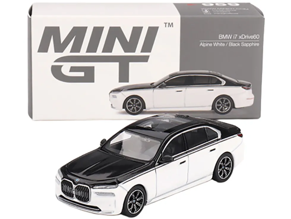 BMW i7 xDrive60 Dravit Alpine White and Black Sapphire Limited Edition 1/64 Diecast Model Car by Mini GT
