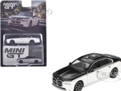 BMW i7 xDrive60 Dravit Alpine White and Black Sapphire Limited Edition 1/64 Diecast Model Car by Mini GT