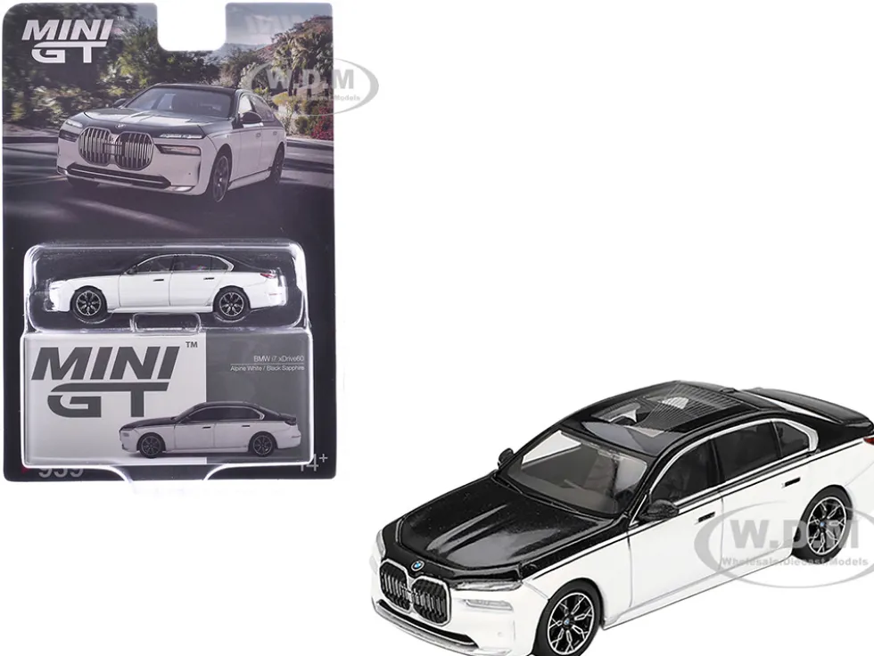 BMW i7 xDrive60 Dravit Alpine White and Black Sapphire Limited Edition 1/64 Diecast Model Car by Mini GT