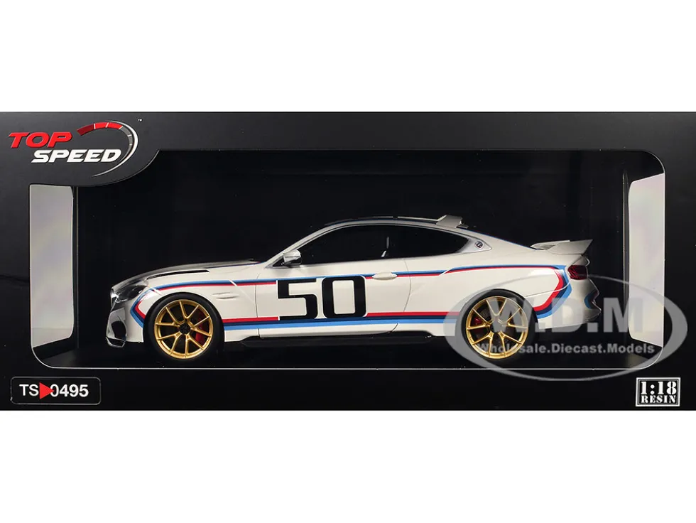 BMW M4 3.0 CSL #50 White with Blue and Red Stripes 1/18 Model Car by Top Speed