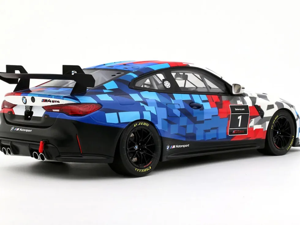 2024 BMW M4 GT4 #1 "M Motorsport Livery" Black and White with Red and Blue Graphics Limited Edition to 999 pieces Worldwide 1/18 Model Car by Otto Mobile