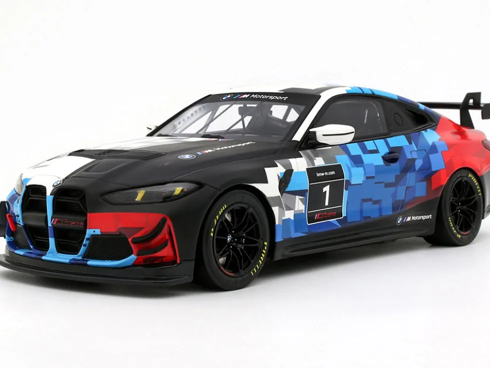 2024 BMW M4 GT4 #1 "M Motorsport Livery" Black and White with Red and Blue Graphics Limited Edition to 999 pieces Worldwide 1/18 Model Car by Otto Mobile