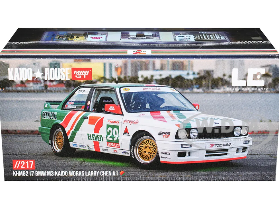 BMW M3 "Kaido Works Larry Chen V1" #29 "7-Eleven" White and Green with Graphics (Designed by Jun Imai) "Kaido House" Special 1/64 Diecast Model Car by Mini GT