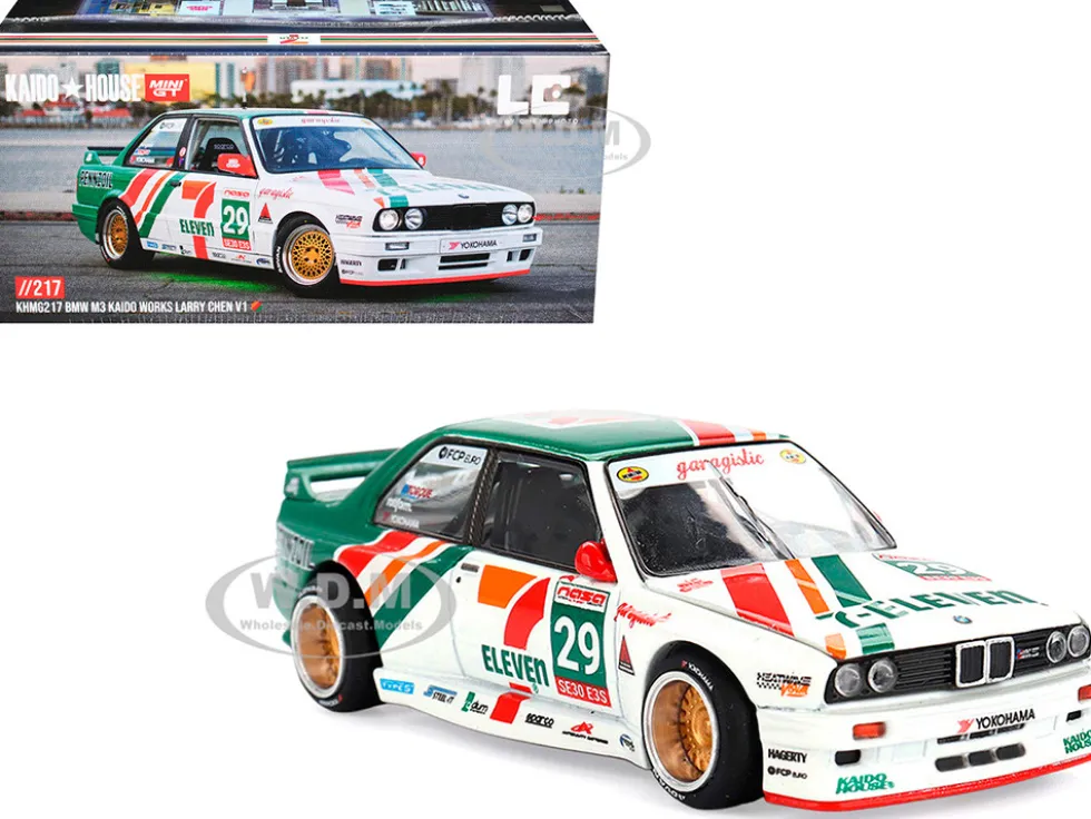 BMW M3 "Kaido Works Larry Chen V1" #29 "7-Eleven" White and Green with Graphics (Designed by Jun Imai) "Kaido House" Special 1/64 Diecast Model Car by Mini GT