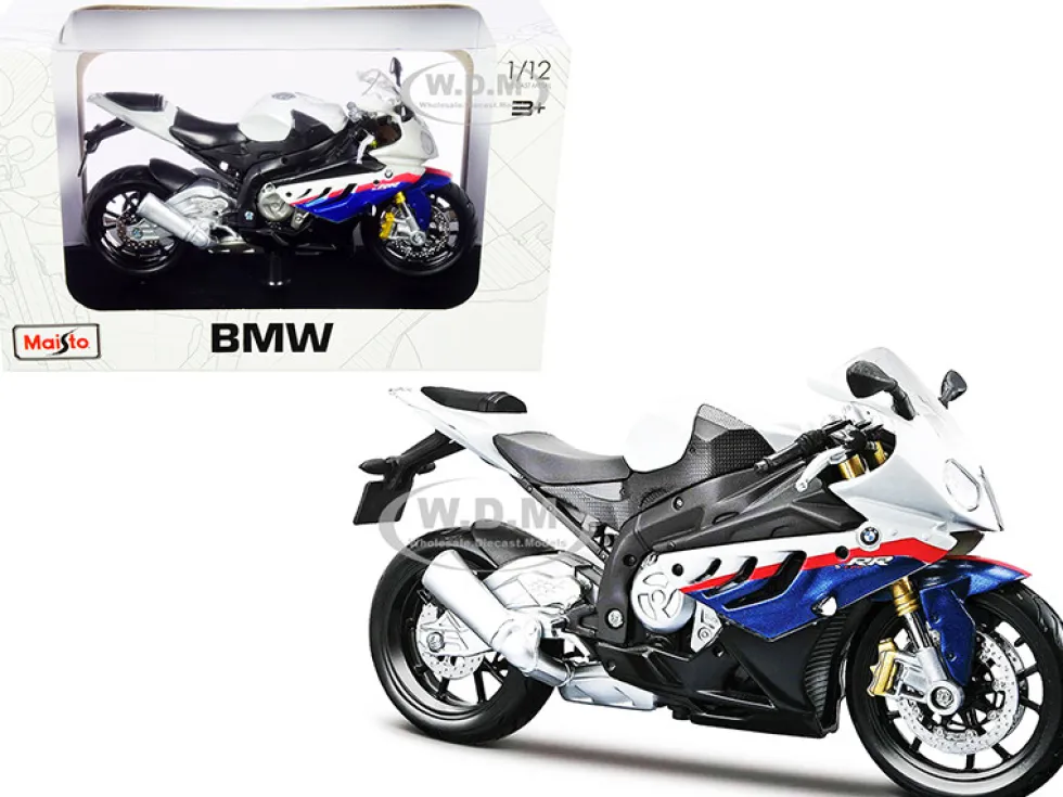 BMW S 1000 RR White Blue Red Stripes Plastic Display Stand 1/12 Diecast Motorcycle Model Maisto 31191-32702