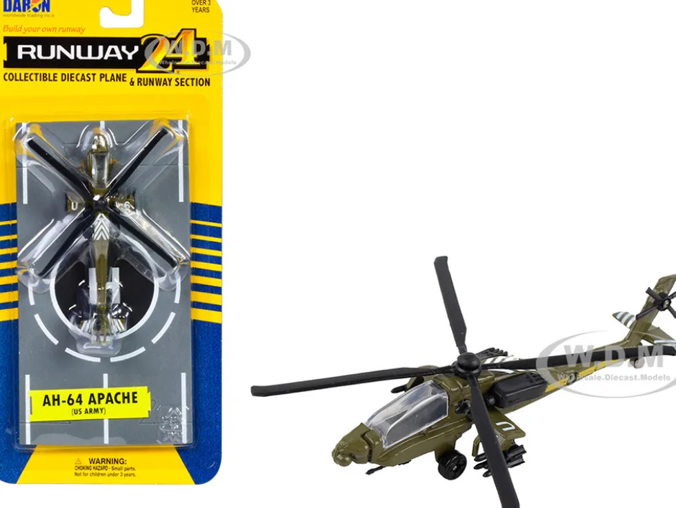 Boeing AH 64 Apache Helicopter Olive Drab United States Army with Runway Section Diecast Model Runway24 RW010