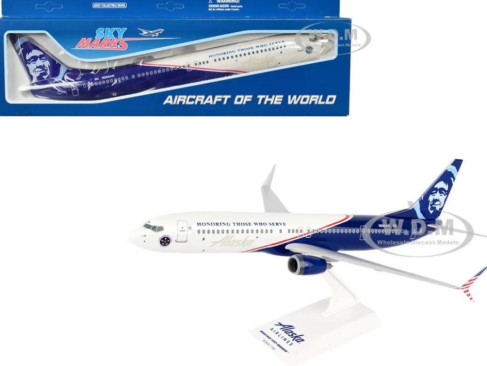Boeing 737 900 Commercial Aircraft Alaska Airlines Honoring Those Who Serve N265AK White and Blue Snap Fit 1/130 Plastic Model Skymarks SKR917