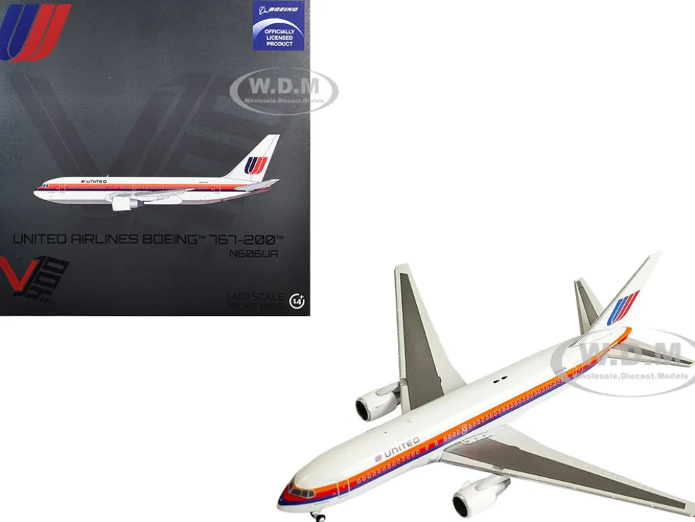 Boeing 767-200 Commercial Aircraft "United Airlines" (N606UA) White with Stripes 1/400 Diecast Model Airplane by V1:400
