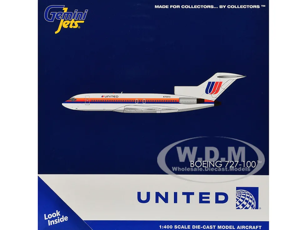 Boeing 727-100 Commercial Aircraft "United Airlines - Saul Bass Livery" (N7001U) White with Stripes 1/400 Diecast Model Airplane by GeminiJets