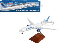 Boeing 777-300 Commercial Aircraft "United Airlines" (N2749U) White with Blue Tail with Wood Stand (2019 Livery) (Snap-Fit) 1/200 Plastic Model by Skymarks
