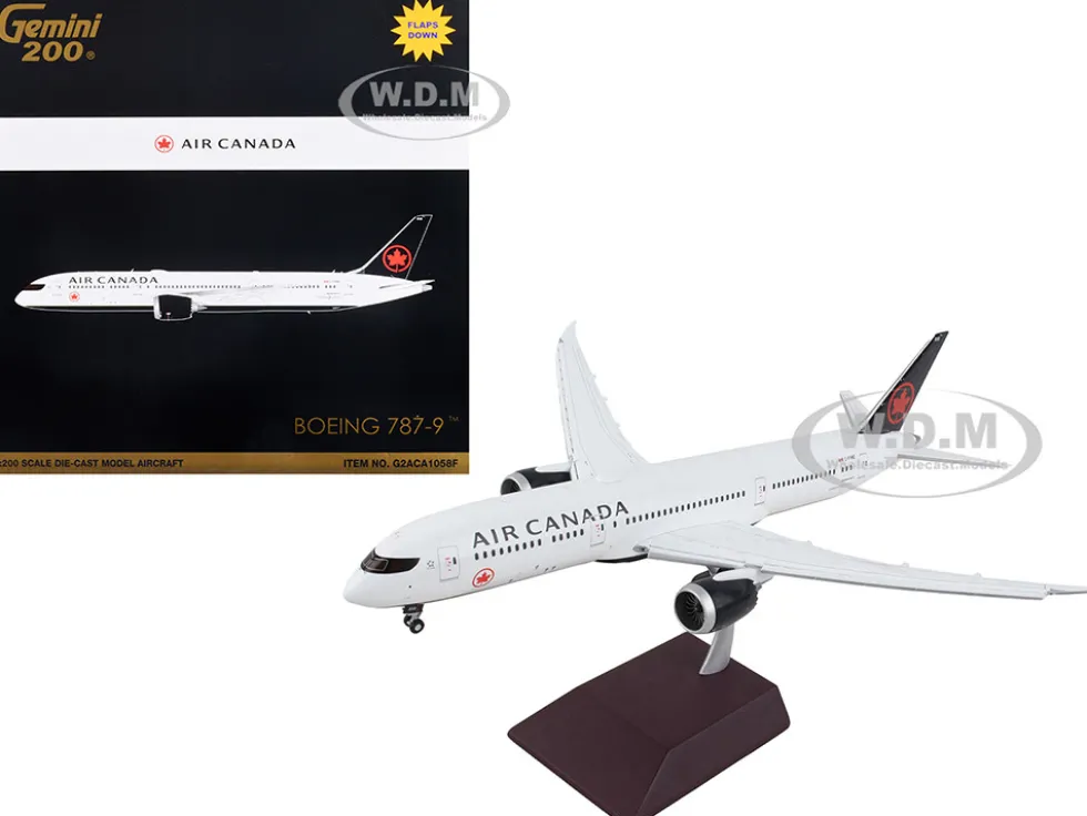 Boeing 787 9 Commercial Aircraft with Flaps Down Air Canada White with Black Tail Gemini 200 Series 1/200 Diecast Model Airplane GeminiJets G2ACA1058F