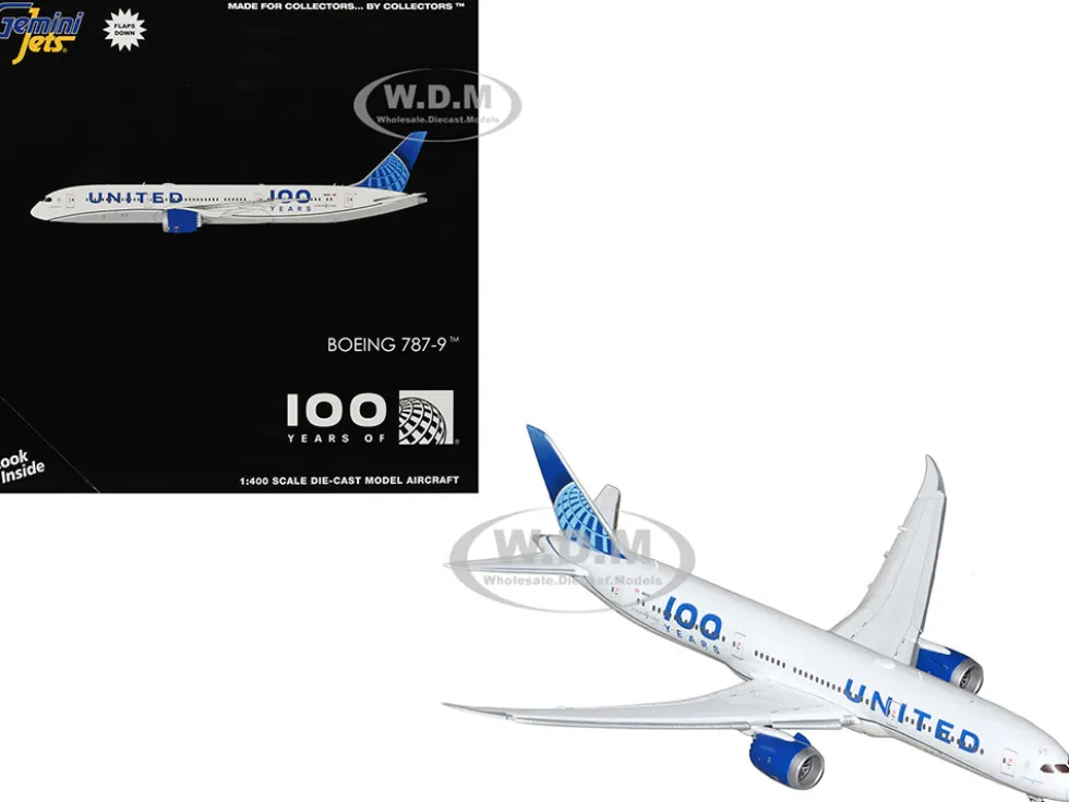 Boeing 787-9 Commercial Aircraft with Flaps Down "United Airlines 100 Years" (N61101) White with Graphics and Blue Tail 1/400 Diecast Model Airplane by GeminiJets
