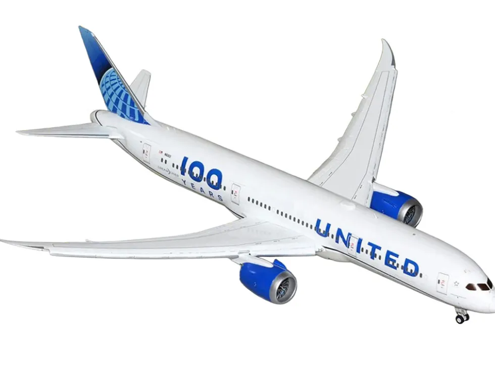 Boeing 787-9 Commercial Aircraft with Flaps Down "United Airlines 100 Years" (N61101) White with Graphics and Blue Tail "Gemini 200" Series 1/200 Diecast Model Airplane by GeminiJets